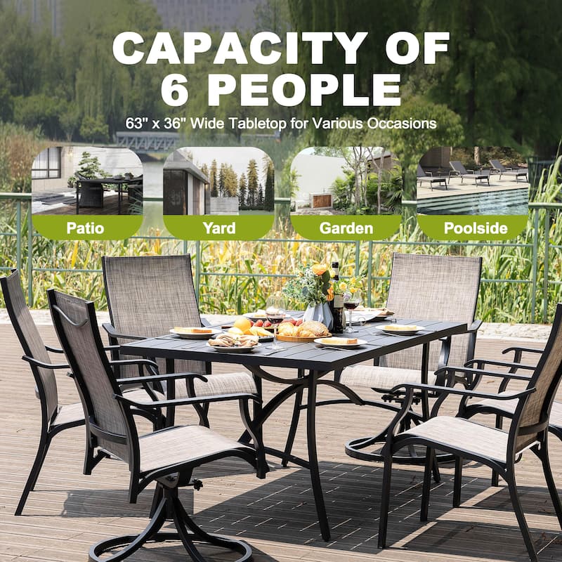 7-Piece Outdoor Dining Set with Textilene Stationary and Swivel Chairs