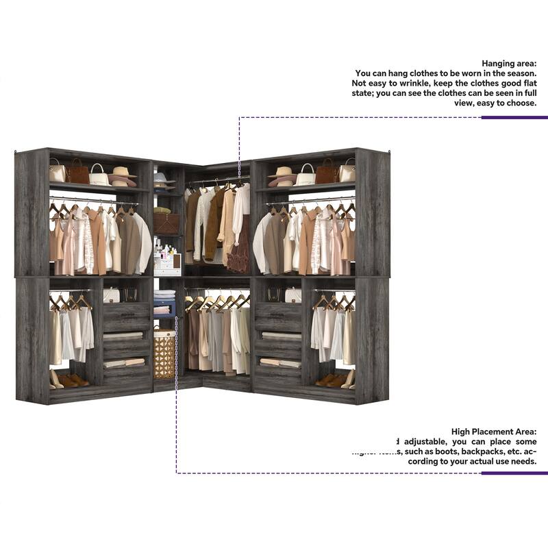 Qvella Corner Closet System with 6 Wooden Drawers and 6 Hanging Rods, Closet Organizer Wardrobe for Walk-in/Reach-in Closet