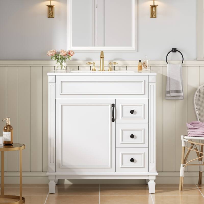 30" Modern Bathroom Vanity with Ceramic Sink - Small Space Cabinet with 2 Soft-Close Drawers & Adjustable Shelf
