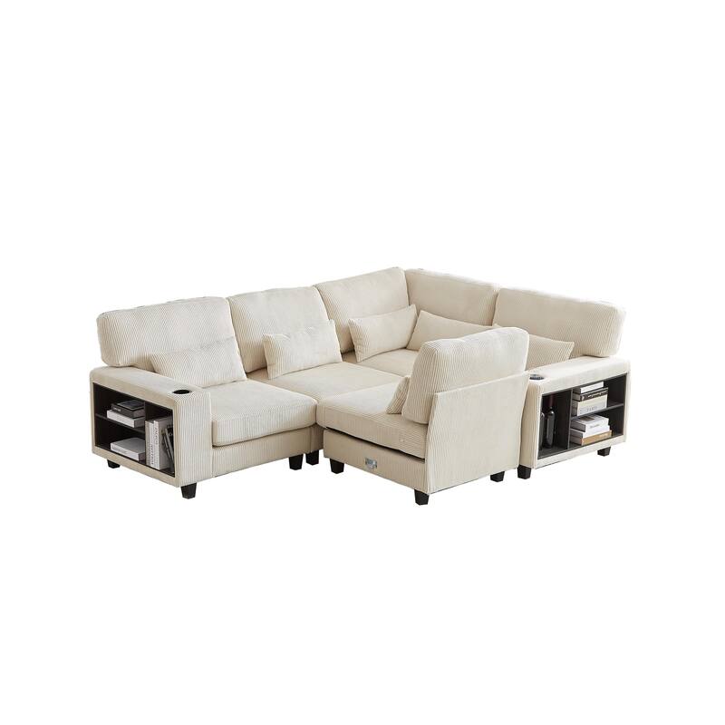 102.75" Corduroy L-Shaped Modular Sectional Sofa with Storage and Cup Holder