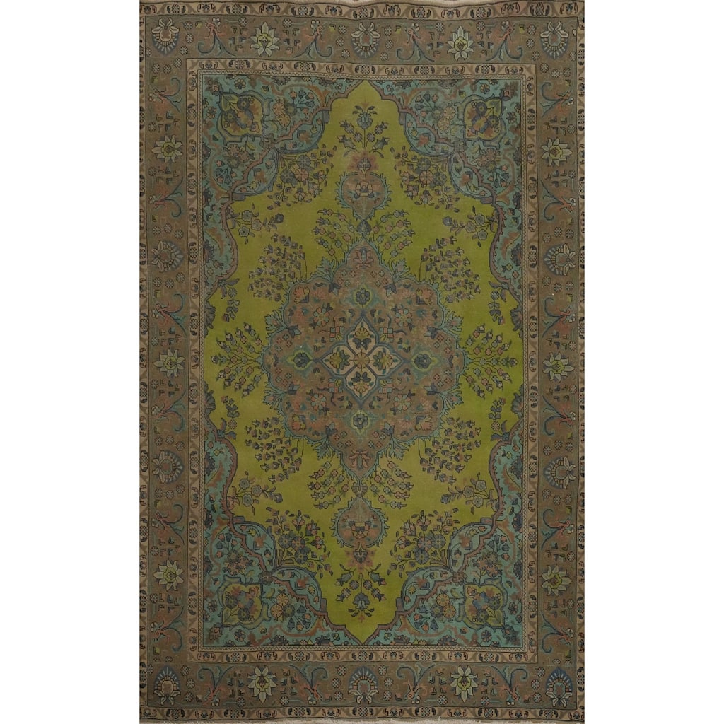 Hand Knotted Oriental 100% Wool Carpet Traditional Floral Green Tabriz Area Rug - 9' 9'' X 6' 5''