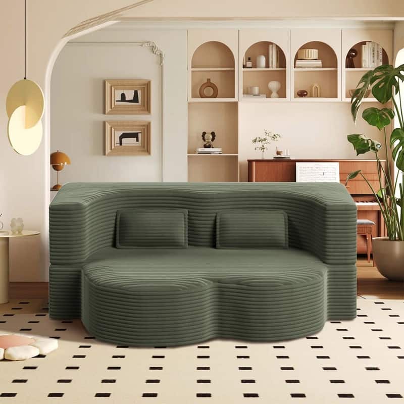 Modern 78" Full Size Convertible Corduroy Foam-Filled Sleeper Sofa,Modern Floor Sofa with 2 Pillows - Green