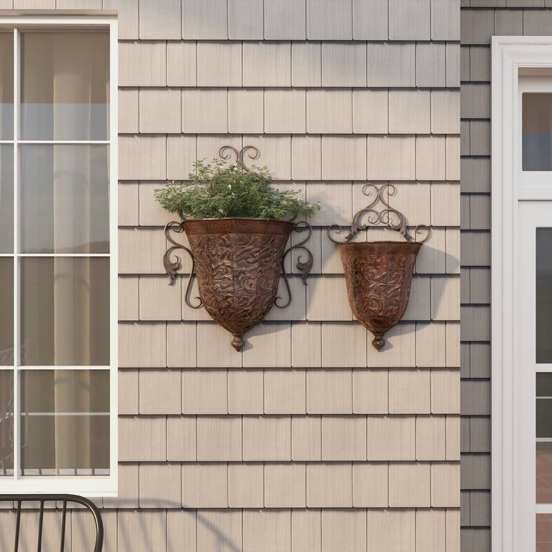 Brown Metal Indoor Outdoor Hanging Vintage Scroll Indoor Outdoor Wall Planter with Vine Accents (Set of 2)