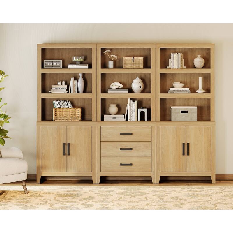 WAMPAT 74" 3-Piece Tall Bookshelf, Farmhouse Bookcase with Doors & Drawers for Living Room & Office