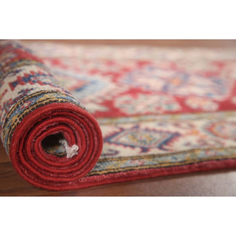 Hand Knotted Oriental 100% Wool Carpet Traditional Geometric Red Kazak Area Rug - 6' 5'' X 2' 8''