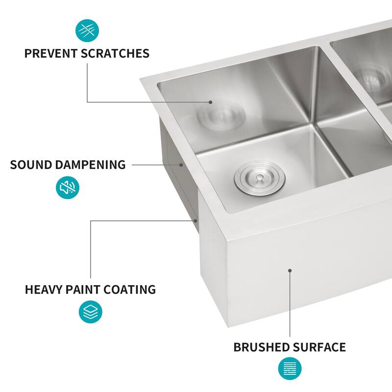Double Bowl (50/50) Farmhouse Sink - Apron Front Kitchen Sink 16 Gauge with Two 10" Deep Basin