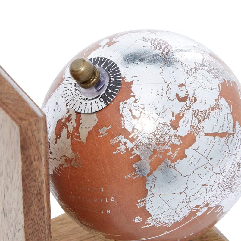 Wood Globe Bookends - Set of 2 Brown - Roche River Decor - 4"W x 6"L x 7"H