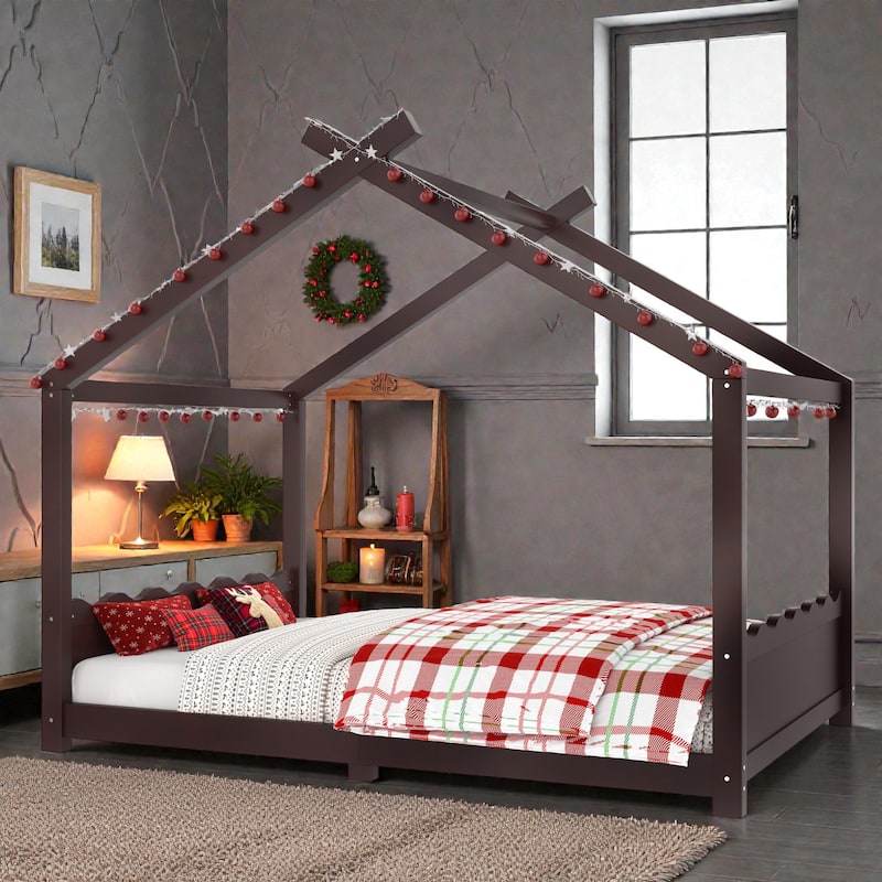 Kids Solid Wood House Floor Bed with Support Slats, Montessori Low Profile Bed, No Box Spring Needed