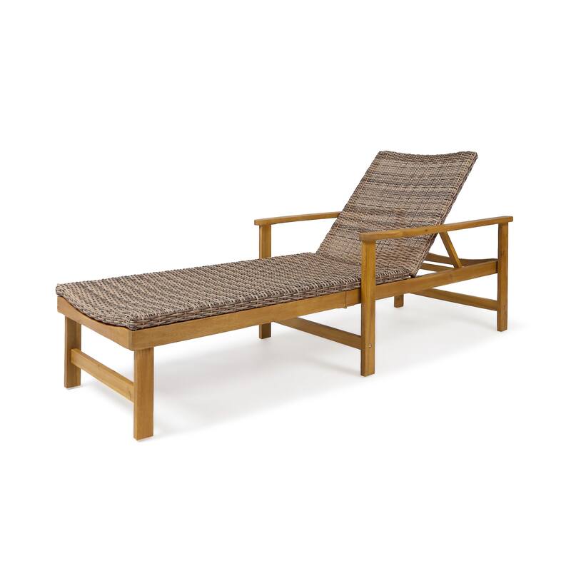 Roomfitters Wood and Wicker Chaise Lounge with Adjustable Backrest for Outdoor Sunbathing and Comfortable Patio Seating, Natural