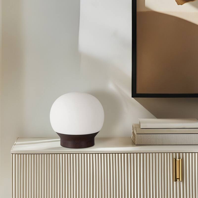 Brightech Marlow LED Walnut Brown Wood Midcentury Round Globe Dimmable Bedside Nightstand Desk Lamp
