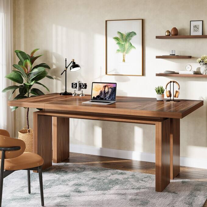 63-Inch Wooden Executive Desk, Mid-Century Modern Office Computer Des