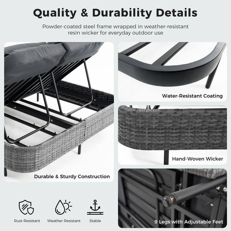 2-Person Outdoor Double Chaise Lounge, Wicker Patio Reclining Daybed with 6-Position Backrests, 4" Cushions, 800 lb Capacity