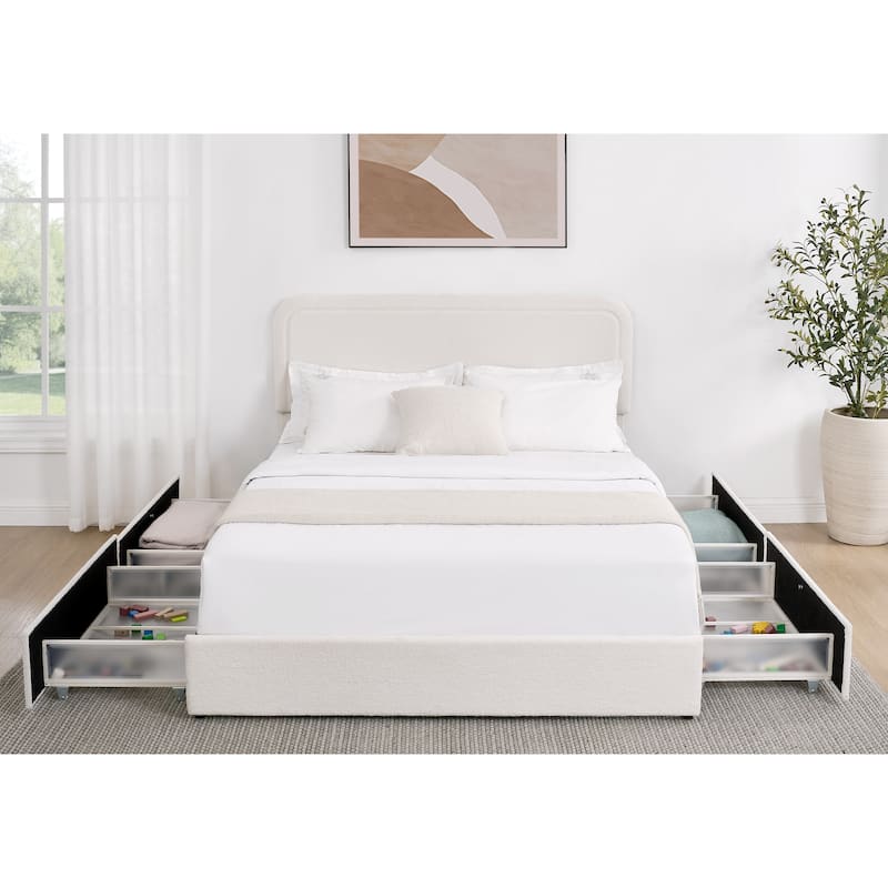 Queen Size Ivory Boucle Upholstered Platform Bed with 4 Storage Drawers, Adjustable Headboard, Wooden Slat Support