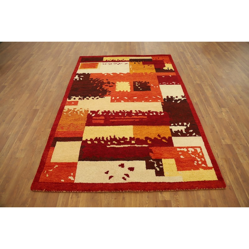 Hand Knotted Oriental 100% Wool Carpet Modern Geometric Oranges & Rust Gabbeh Area Rug - 7' 4'' X 5' 0''