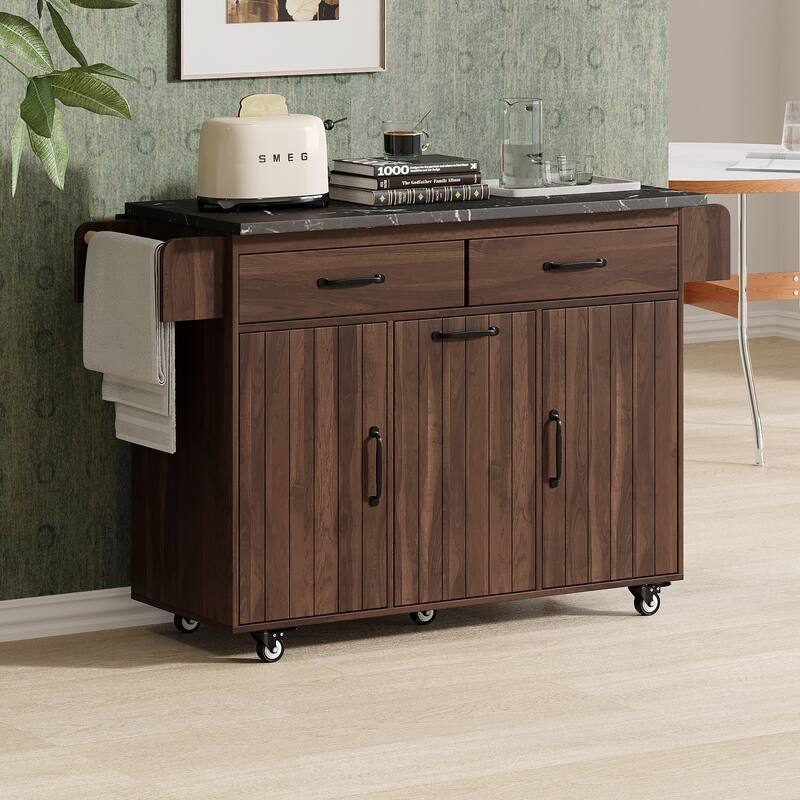 Kitchen Island with Trash Can Storage Cabinet,with Drop Leaf, Spice Rack, Towel Rack and Drawer, Rolling Kitchen Island on Wheel
