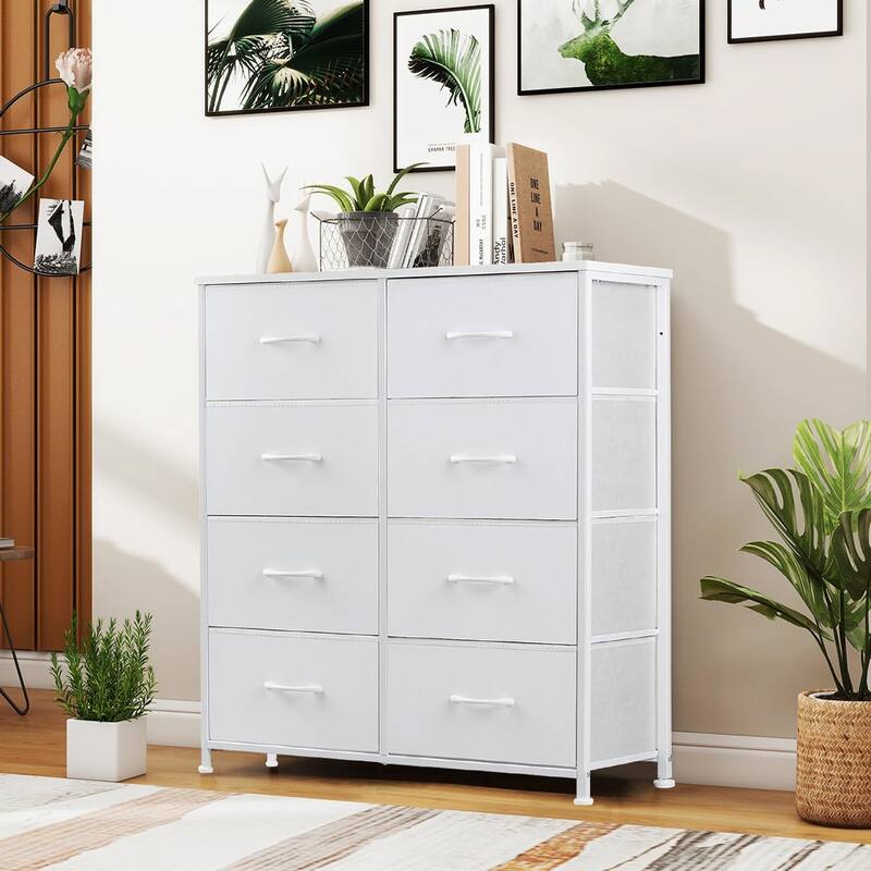 Dresser for Bedroom with 8 Drawers, Anti-Tip Tall Fabric Chests Storage Organizer Tower Furniture with Wooden Top Metal Frame - White