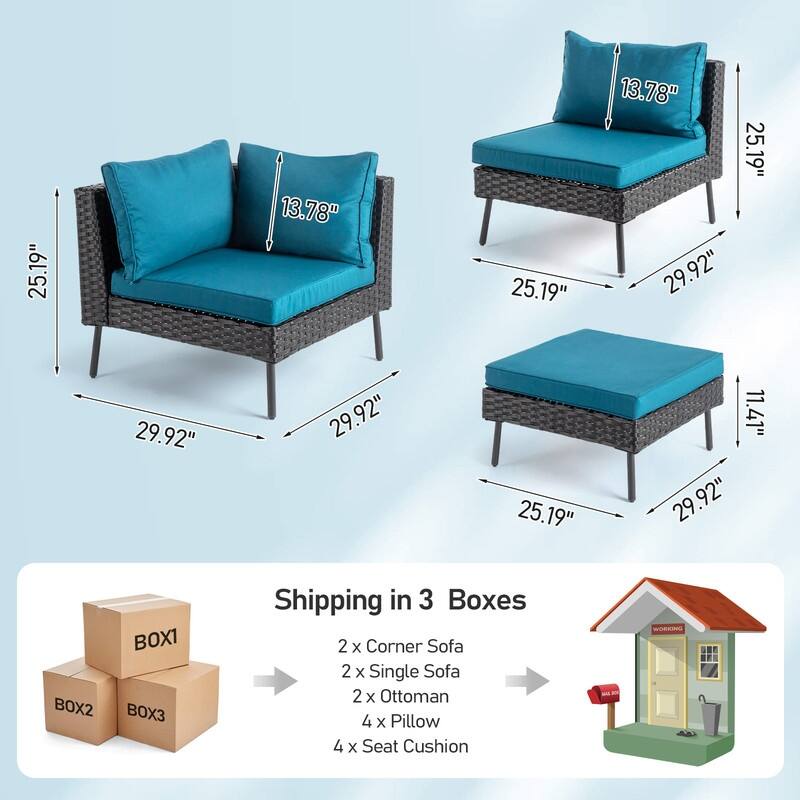 Patio 6-Piece Wicker Sectional Sofa Set with Corner & Ottomans, Adjustable Iron Feet