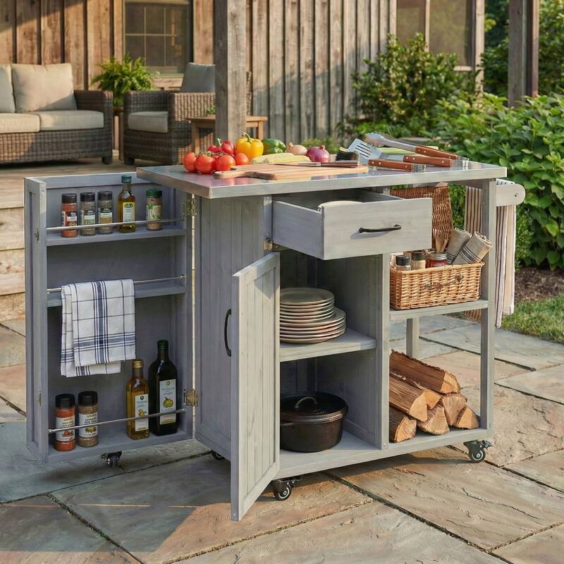 Outdoor Fir Wood Kitchen Island Prep Station with Stainless Top, Ample Storage Space, Towel and Spice Racks