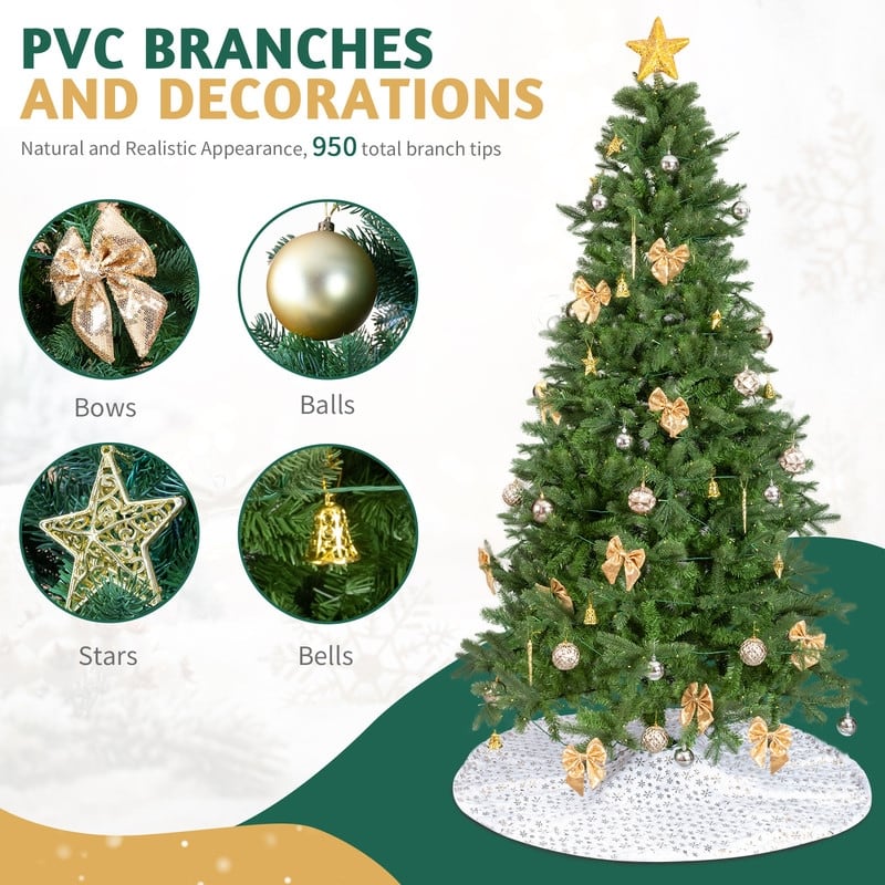 7.5 FT Artificial Christmas Tree with 400 Warm White LED Lights and Gold Ornaments