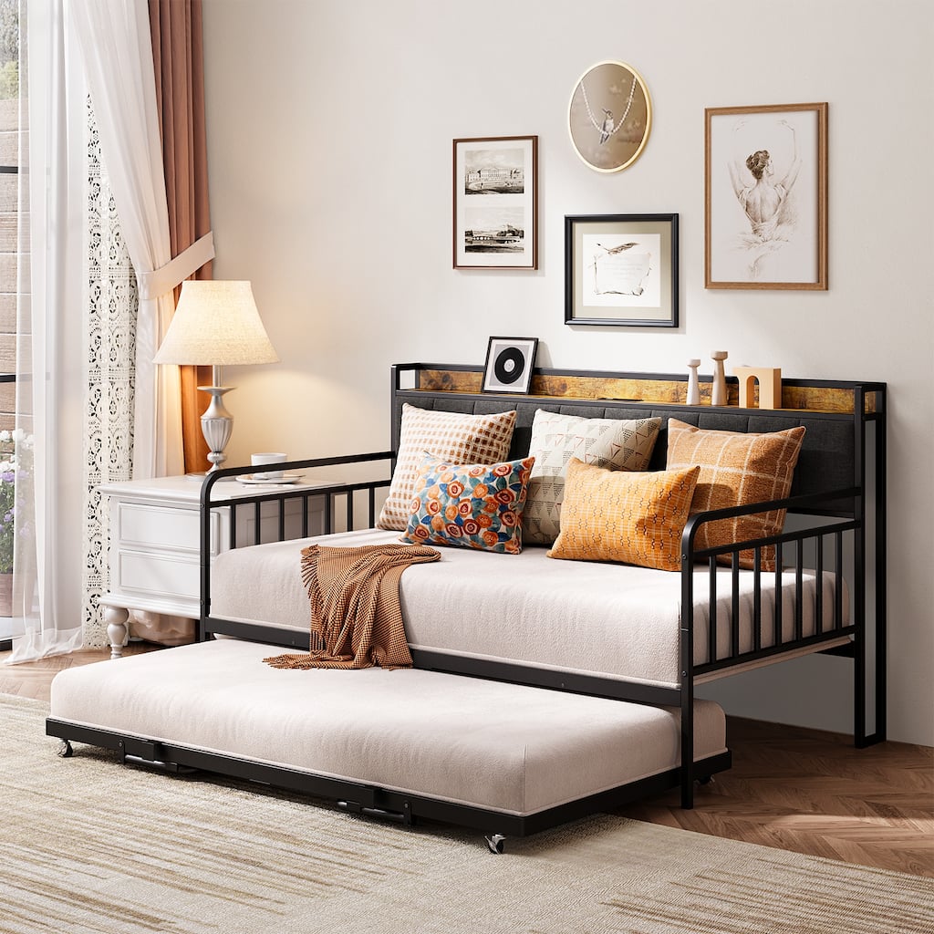 Daybed with Trundle, Twin Bed Frame with Upholstered Headboard and Charging Station