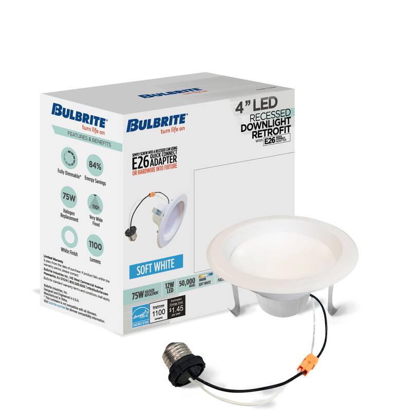 Bulbrite Pack of (4) 12 Watt 4" Integrated LED Recessed Downlight with E26 Quick Connect Adapter - Soft White Light