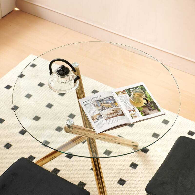 Golden Glass and Metal 35 in. Dining Table Seats 3