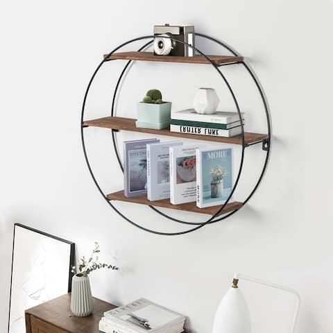 ADECO Wall Shelf Round Floating Shelves Sturdy Wood Metal Stand Decor