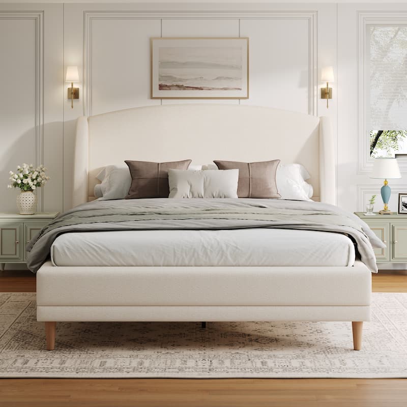White Platform Bed, Boucle Fabric Upholstered Frame Rounded Corners Headboard Wingback Bed with Wood Slat and Center Metal Legs