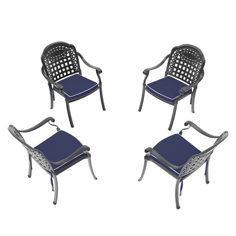 Black Stackable Cast Aluminum Patio Outdoor Dining Chairs With Blue Seat Cushions
