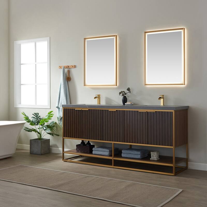 Donostia 72" Vanity in Walnut with stone countertop With Mirror