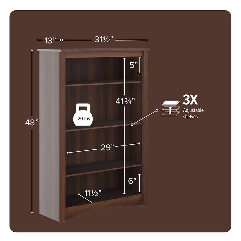 Prepac Home Office 4-Shelf Bookcase - 31.5" W x 48" H x 13" D