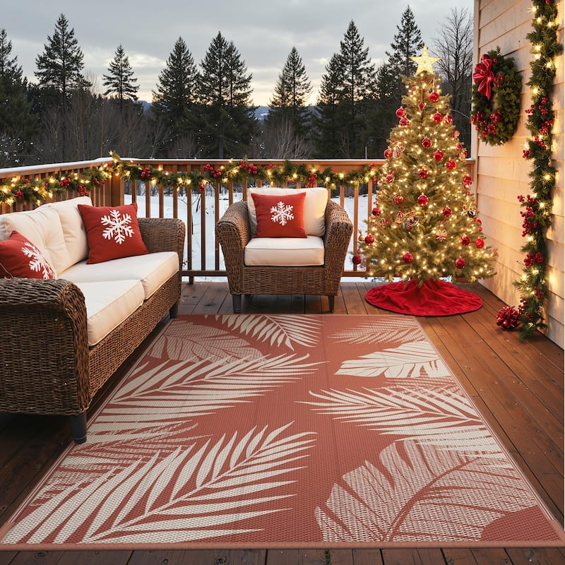 Reversible Outdoor Rug - Brick & Red Palm Leaf Design