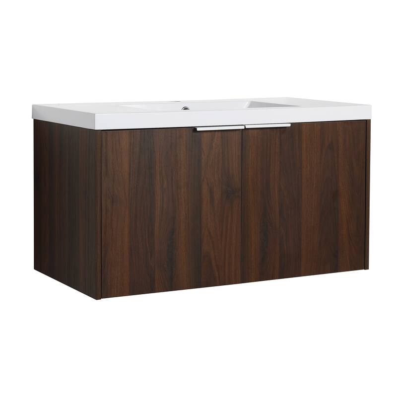 Floating Bathroom Vanity with Resin Sink, Soft Closing Doors, Metal Handles, and Ample Storage Space - 35.4in L Plywood