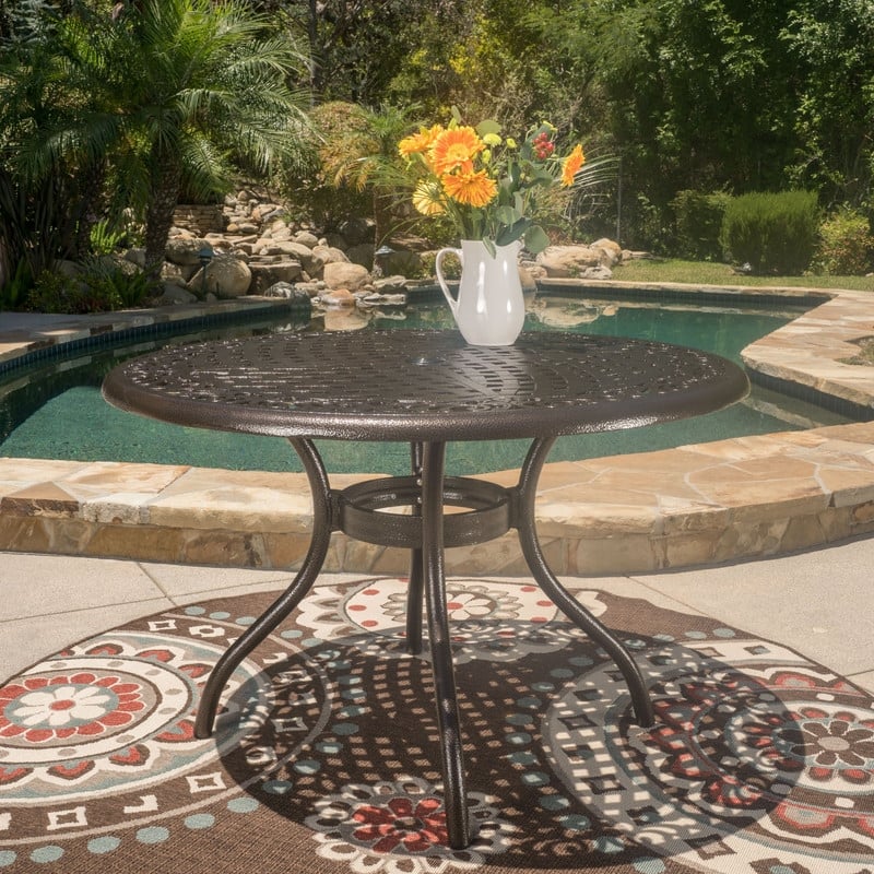 48" Round Cast Aluminum Outdoor Dining Table with Umbrella Hole