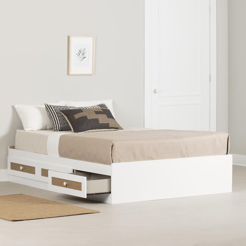 South Shore Bloom Mates Bed with 3 Drawers - White and Faux Printed Rattan - Full