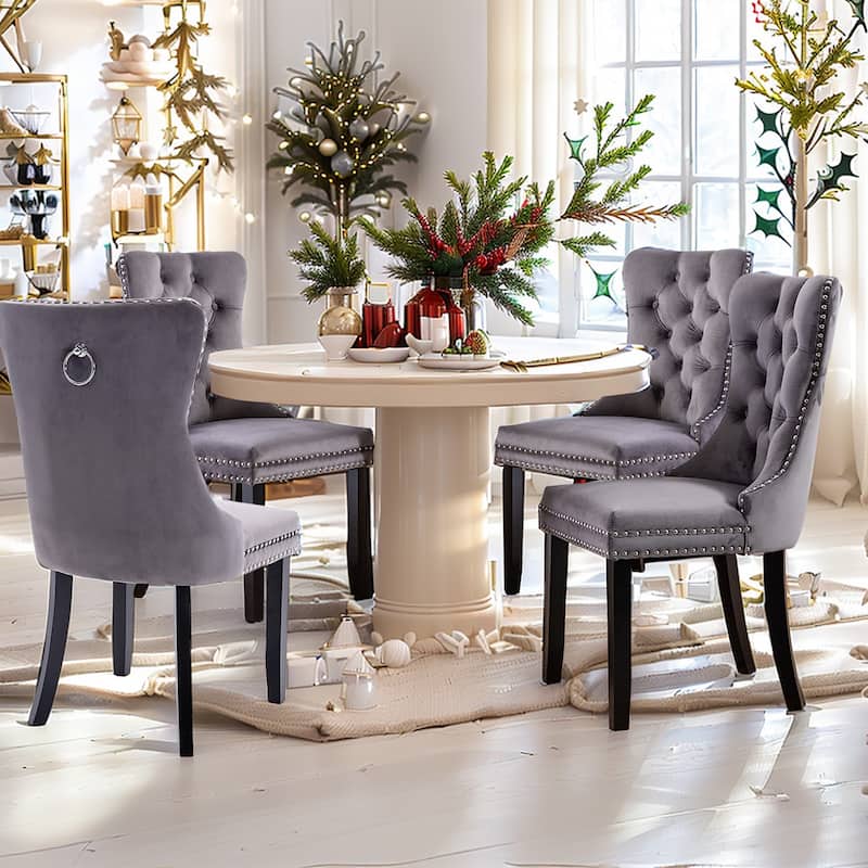 Dining Chairs Set of 4, Luxury Upholstered Velvet Kitchen Chairs Side Chair with Padded Seat Back and Solid Wood Legs - Grey