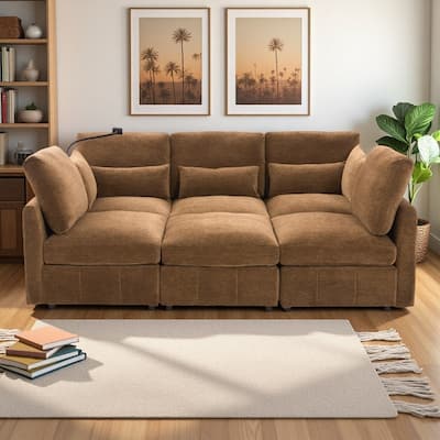 85.4" Chenille U-Shaped Sectional Sofa with Ottoman, USB Ports and Phone Holder, 5-Seat L-Shaped Convertible Couch Bed