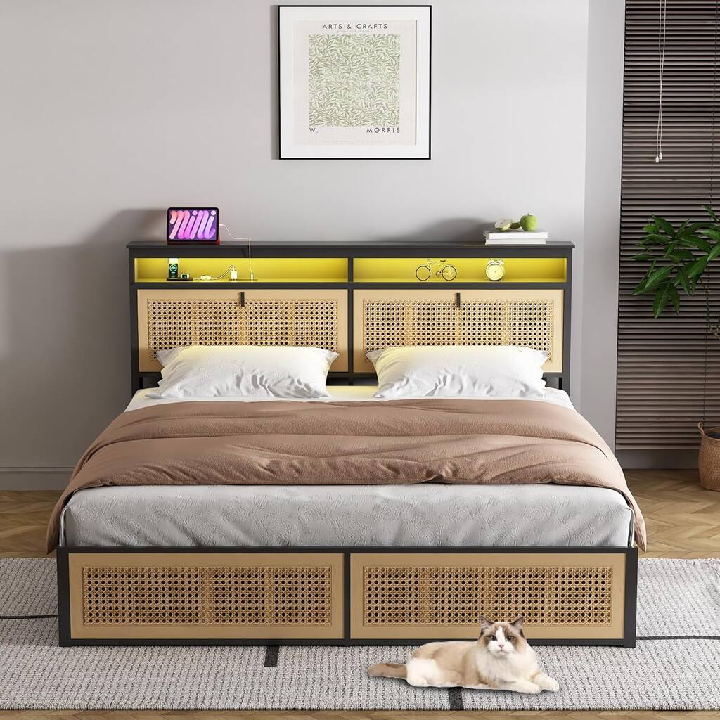 Boho Rattan Bed Frame King Size with Headboard and Charging Station