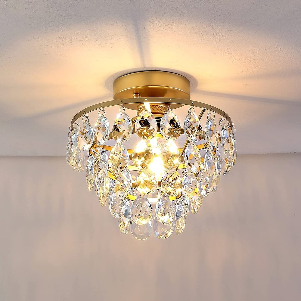 WINGBO Small Crystal Ceiling Light Fixture Mini Semi Flush Mount...