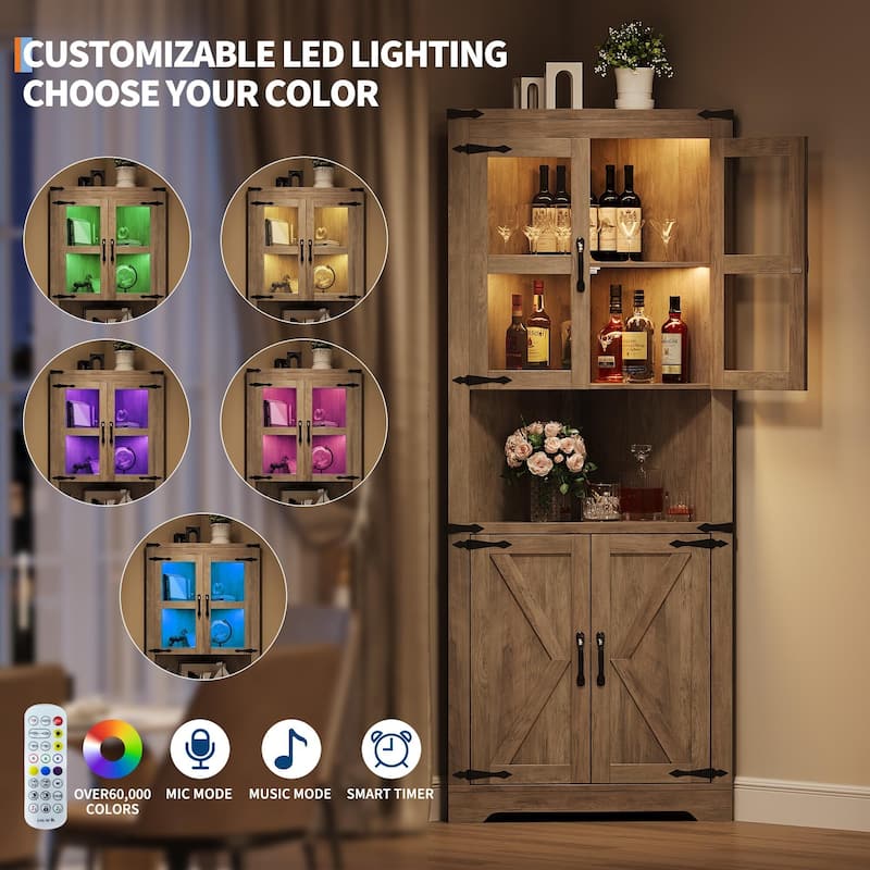 67" Tall Corner Storage Cabinet with Lights, Farmhouse Corner Hutch Display Cabinet with Glass Doors