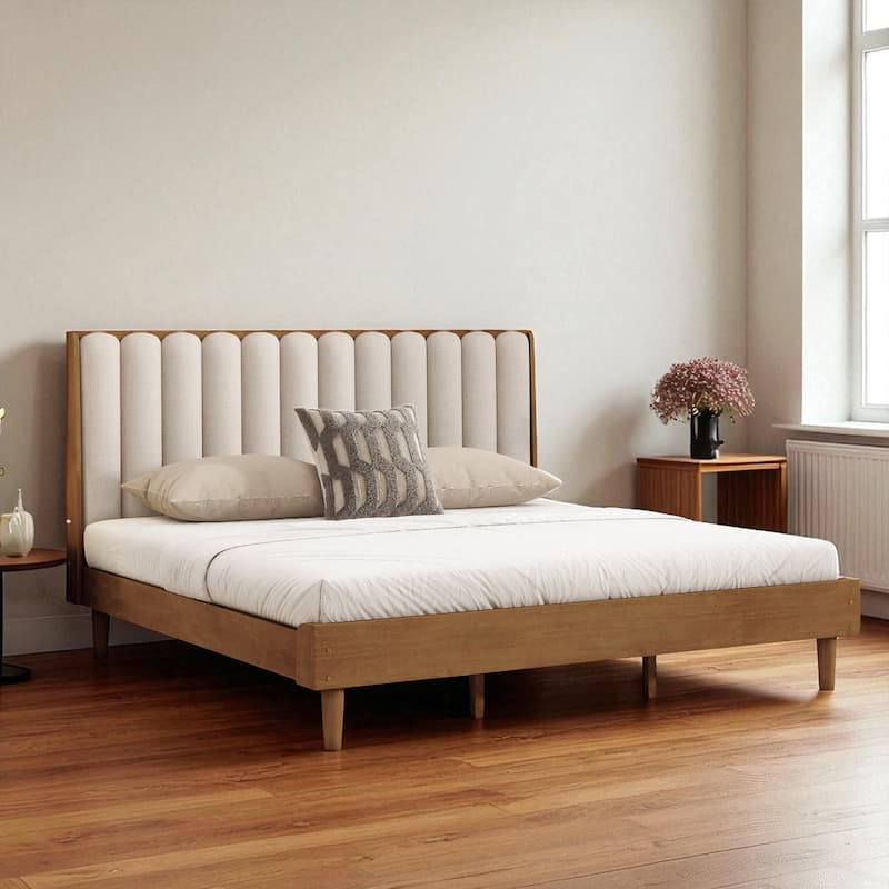 Queen/King Size Wood Platform Bed with Piano Key Upholstered Headboard and Sturdy Bed Frame - Wheat - King