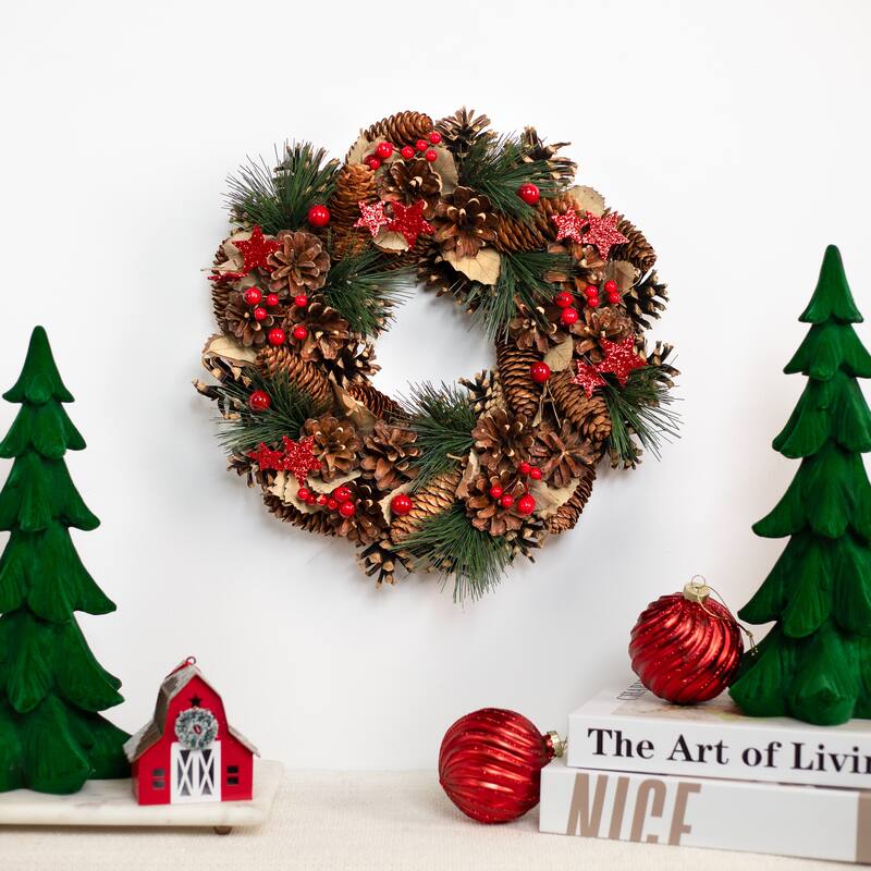 Pinecones and Glittered Stars Christmas Wreath - 13.5" - Unlit