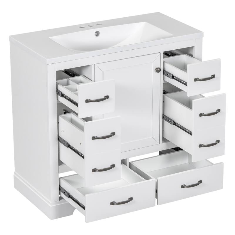 Bathroom Vanity with Ceramic Sink, Vanity Set with 6 Drawers and Soft Closing Door, Bathroom Cabinet with Adjustable Shelf