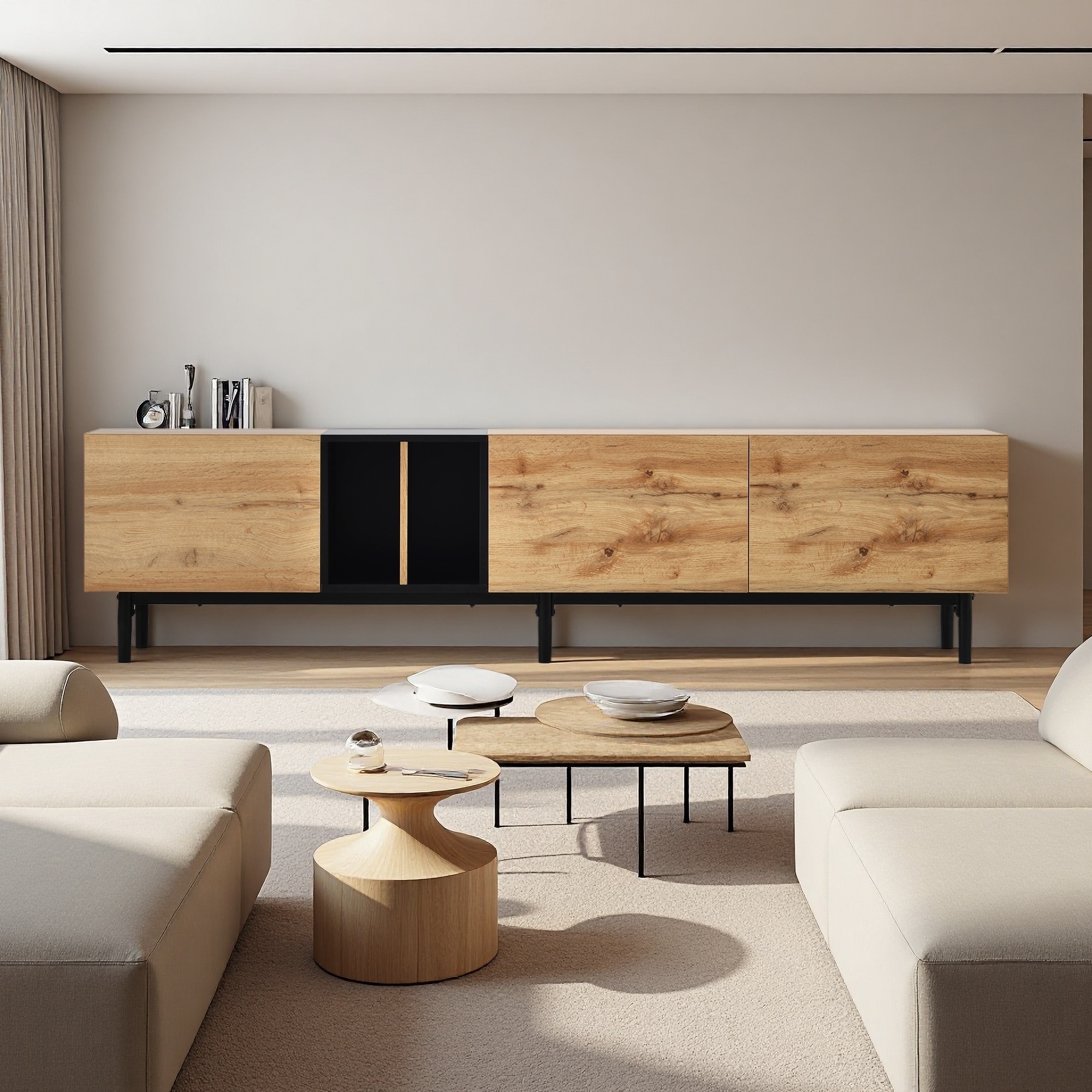 76.8" MDF Modern Media Console with 3 Drop Down Doors & Storage