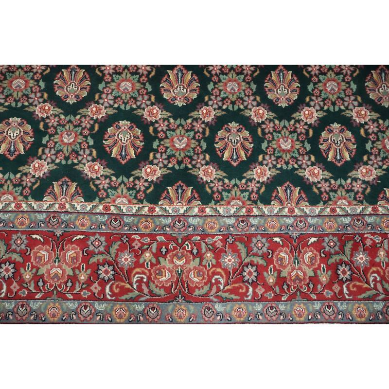 Hand Knotted Oriental 100% Wool Carpet Traditional All-Over Green Kashan Area Rug - 9' 11'' X 7' 11''