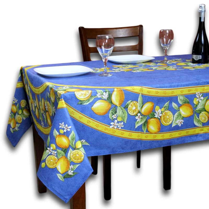 Wipeable Spill Resistant Provencal Cotton Cannes Collection Tablecloth - 60 x 98 in - Blue Citrons