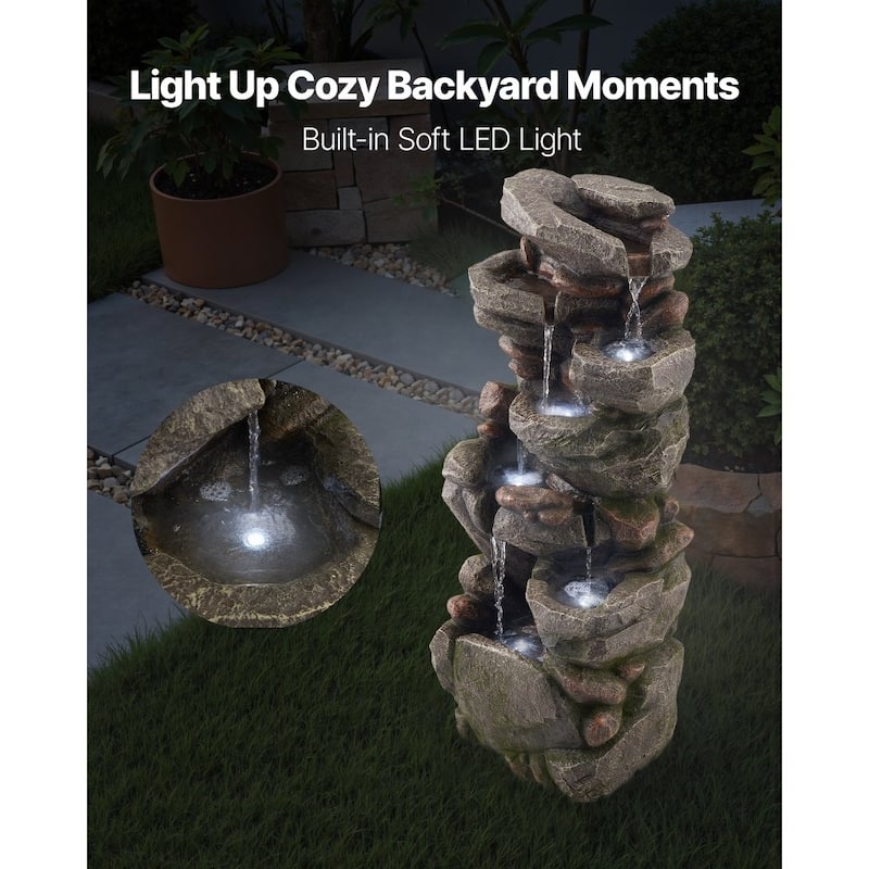 7-Tier Rock Style Yard Fountain with Soothing Water Sounds and LED Lights for Patio Decor - 14.96 x 11.42 x 38.98 in