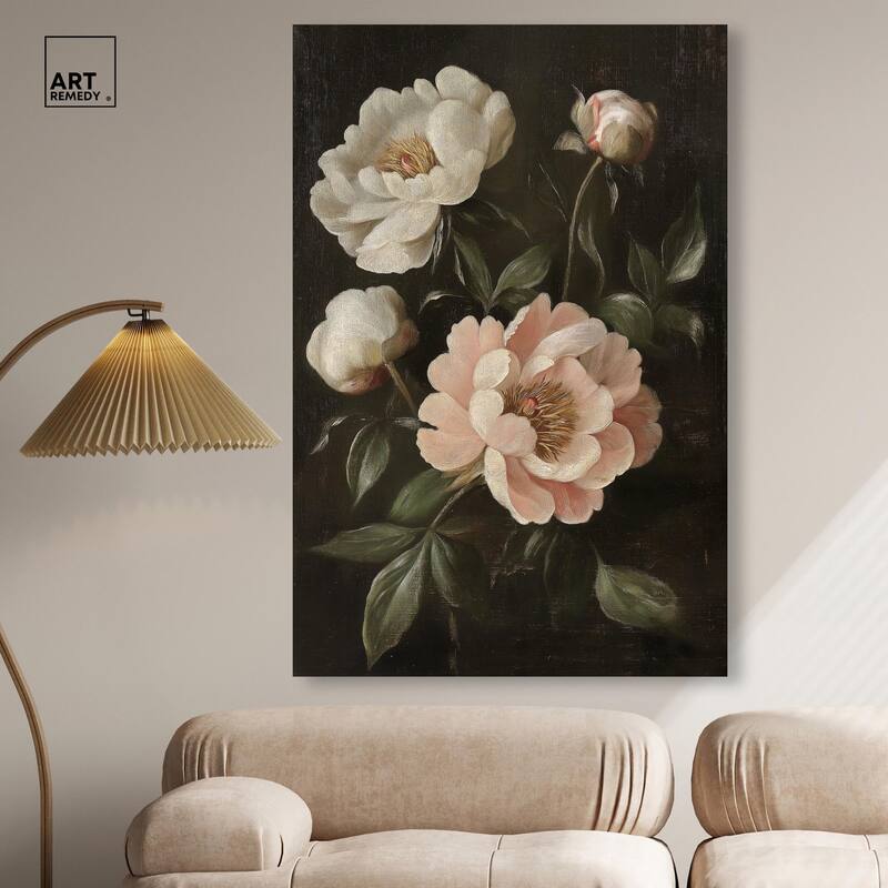 White Peonies in Dark II Canvas by Art Remedy, Gallery Wrapped