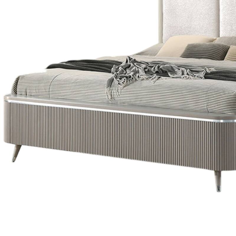 Gema Queen Bed, Channeled Upholstery, Reeded w Silver Line, Light Gray