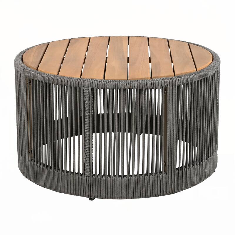 Outdoor Rattan rope & Acacia Wood Coffee Table(Rope Grey, Natural Iron)